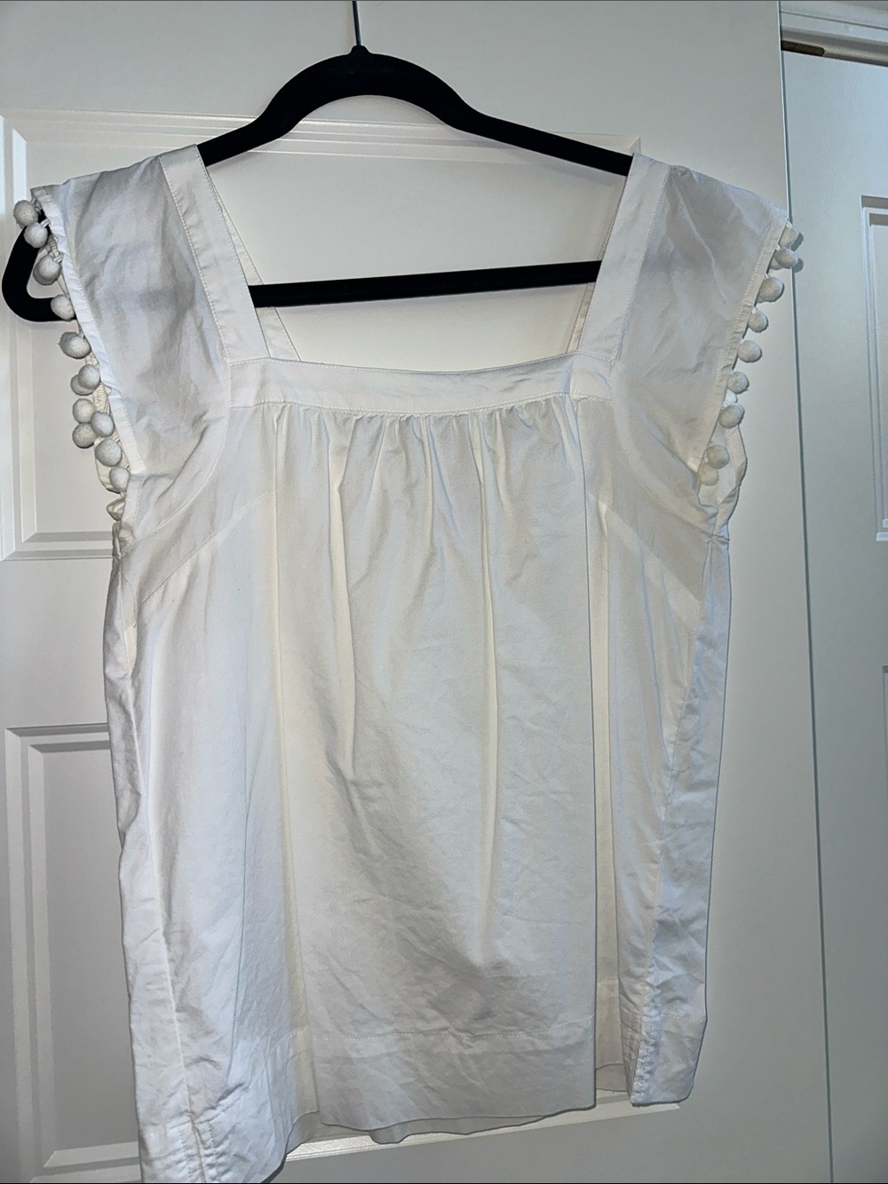 J. Crew White Square-Neck Blouse with Pom-Trim Sleeves